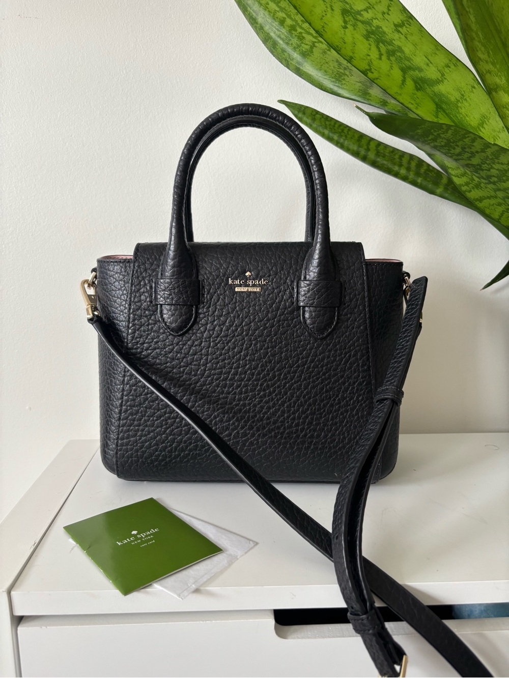 kate spade Black Pebbled Leather Satchel with Gold-Tone Logo
